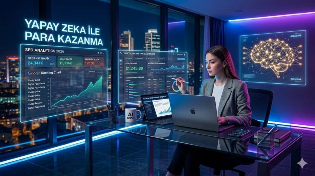 Yapay zeka ile para kazanma yöntemlerini gösteren futuristik SEO ve dijital gelir temalı ana görsel”